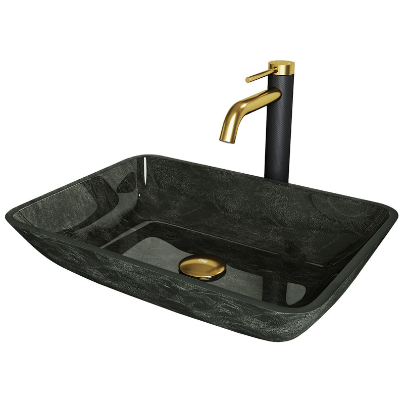 Glass Grey Onyx Bathroom Sink/Basin Set with Matte Gold Lexington Faucet and Rectangular Vessel R8474