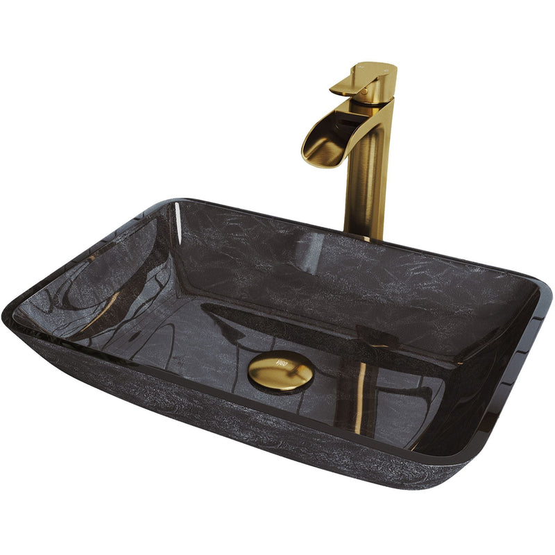 Glass Grey Onyx Bathroom Sink/Basin Set with Matte Gold Niko Faucet and Rectangular Vessel X8555