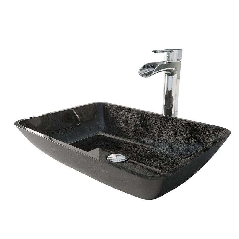 Glass Grey Onyx Bathroom Sink/Basin Set with Niko Faucet and Rectangular Vessel R8208