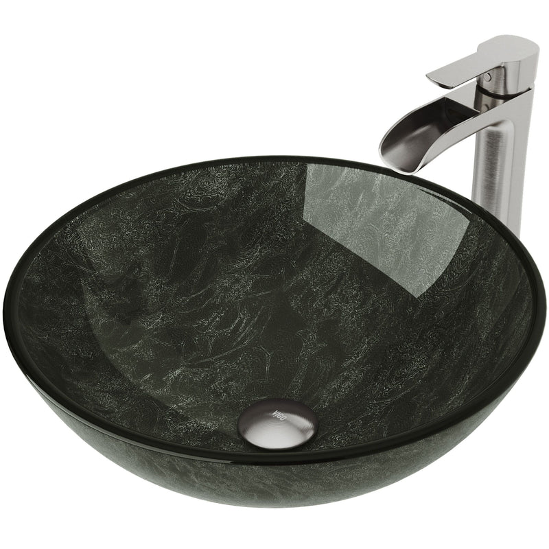 Glass Grey Onyx Bathroom Sink/Basin Set with Niko Faucet and Round Vessel W2620
