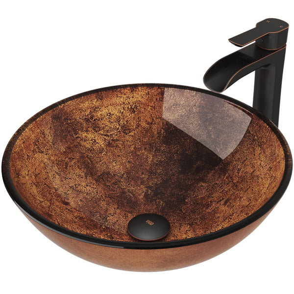 Glass Russet Brown Bathroom Sink/Basin Set with Niko Faucet and Round Vessel K9056