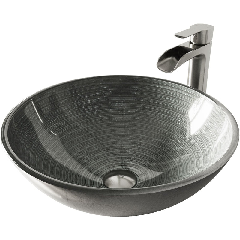 Glass Simply Silver Bathroom Sink/Basin Set with Niko Faucet and Round Vessel N3266