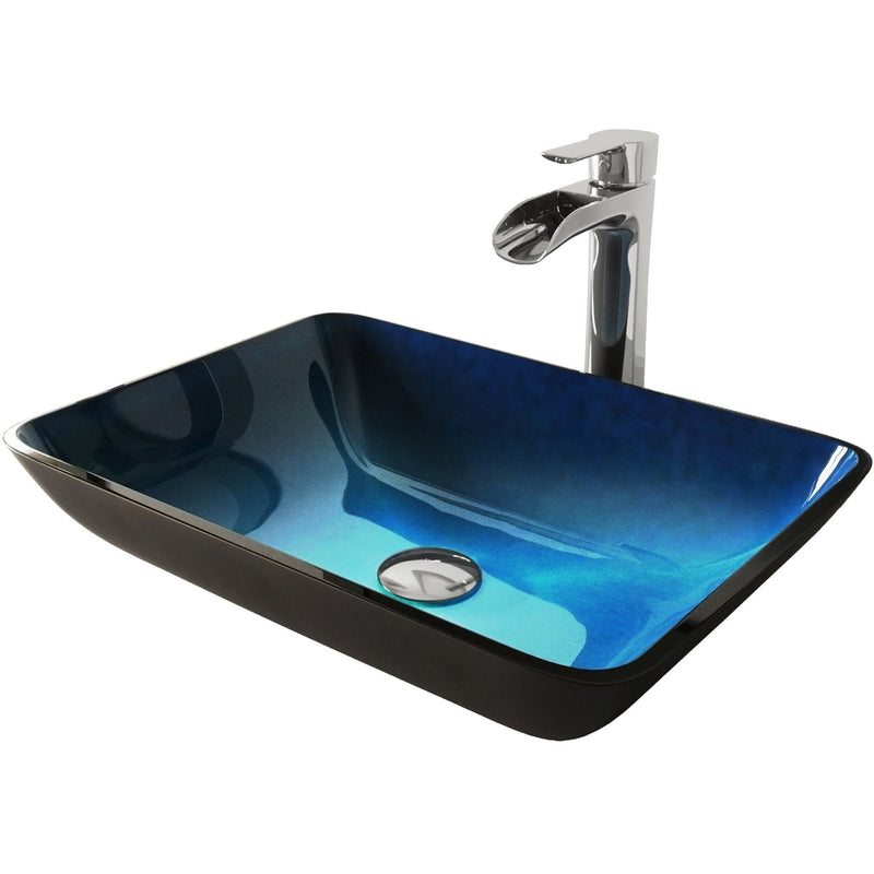 Glass Turquoise Water Bathroom Sink/Basin Set with Niko Faucet and Rectangular Vessel F6913