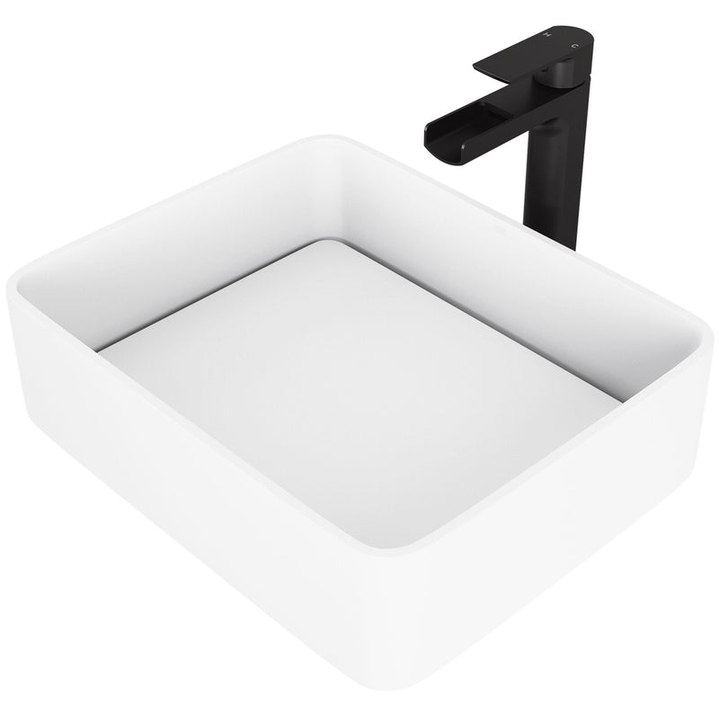 Jasmine White Bathroom Sink/Basin Set with Amada Faucet and Rectangular Composite Vessel D0024