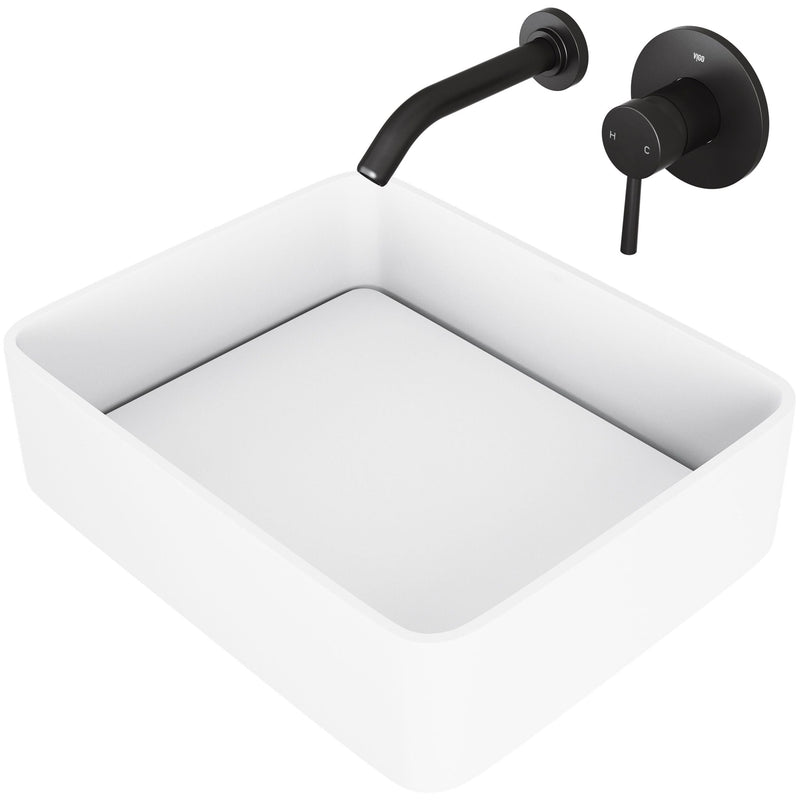 Jasmine White Bathroom Sink/Basin Set with Olus Wall Mount Faucet and Rectangular Composite Vessel Q9239