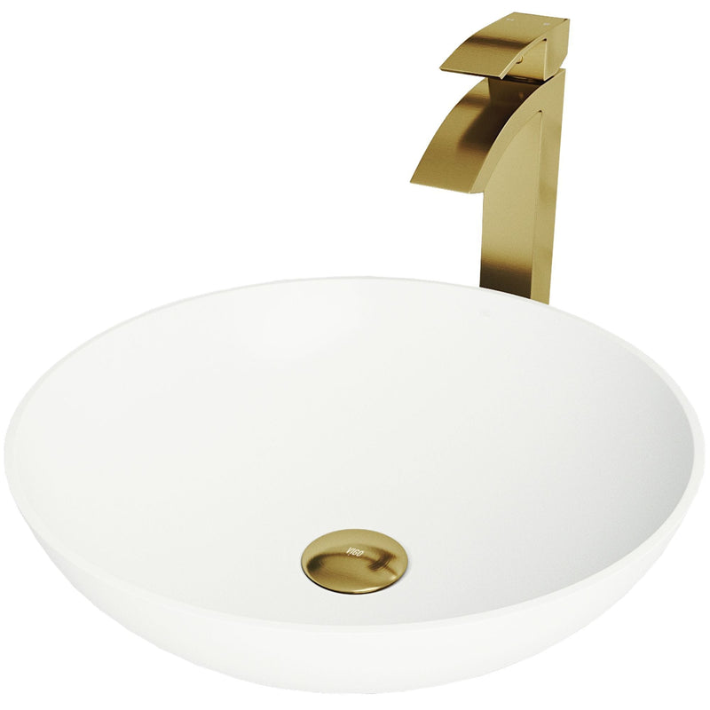 Lotus Round White Composite Bathroom Sink/Basin Set with Duris Faucet and Pop-Up Drain I6048