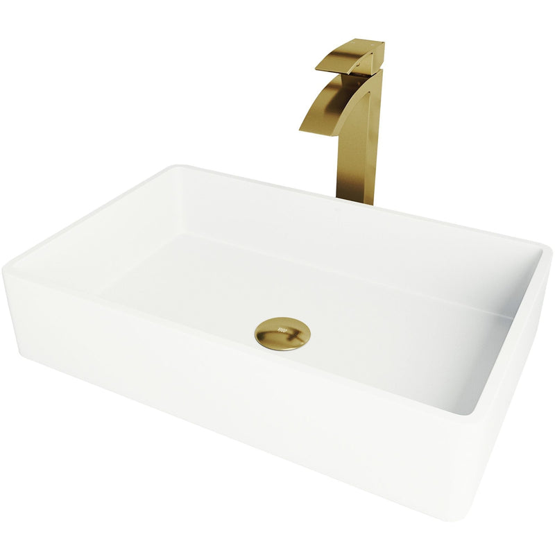 Magnolia White Bathroom Sink/Basin Set with Matte Gold Duris Faucet and Rectangular Composite Vessel Y5404