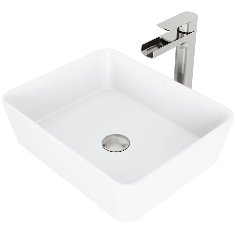 Marigold Matte White Bathroom Sink/Basin Set with Amada Faucet and Rectangular Composite Vessel U9667