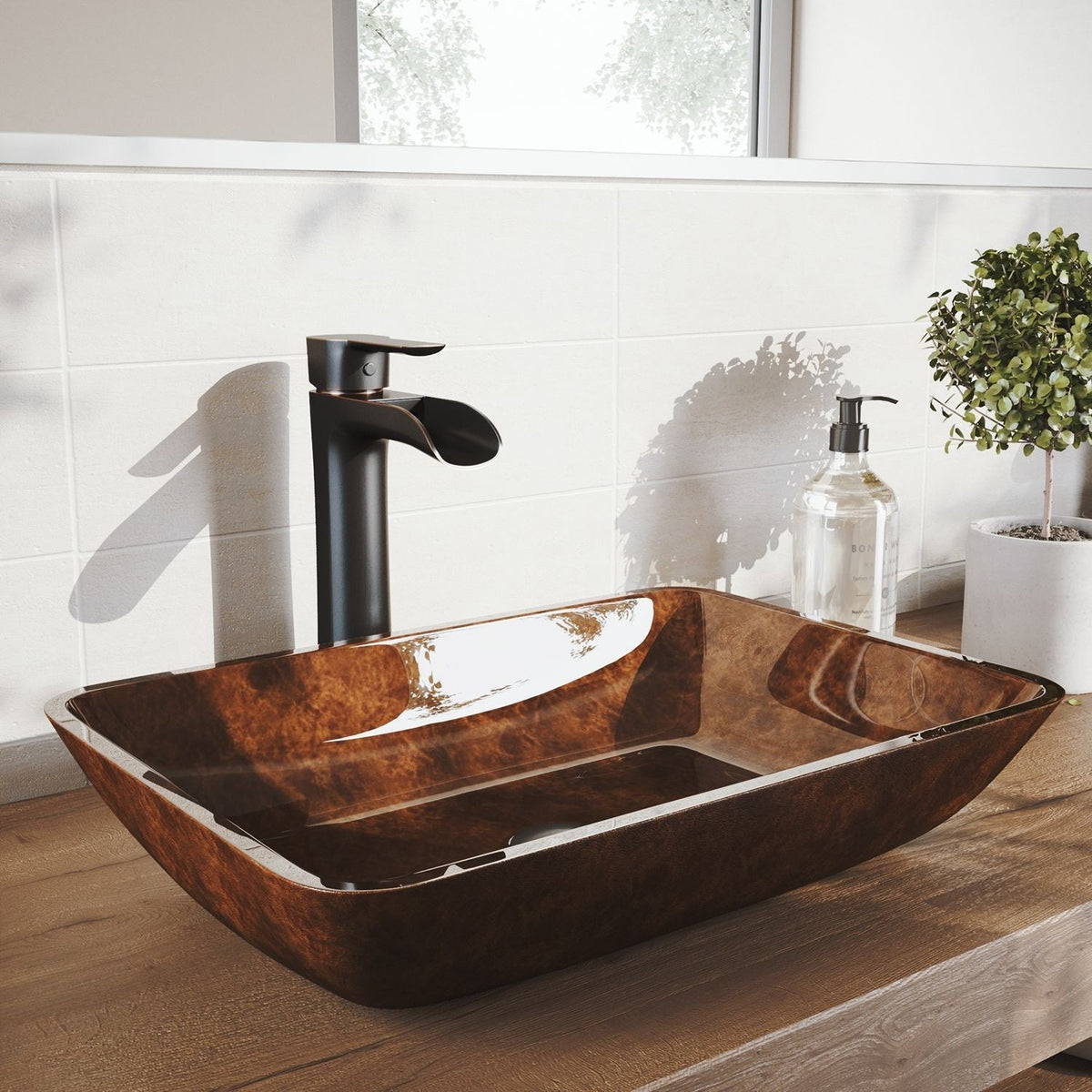 Russet Glass 18-in Red/Brown Bathroom Sink/Basin Set with Niko Faucet and Rectangular Vessel