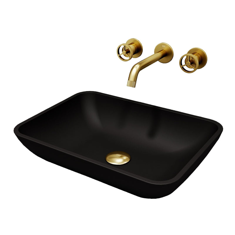 Sottile Matte Black Bathroom Sink/Basin Set with Cass Wall Mount Faucet and Glass Rectangular Vessel T7505
