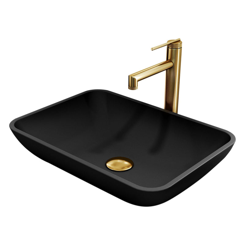 Sottile Matte Black Bathroom Sink/Basin Set with Sterling Faucet and Glass Rectangular Vessel E1819