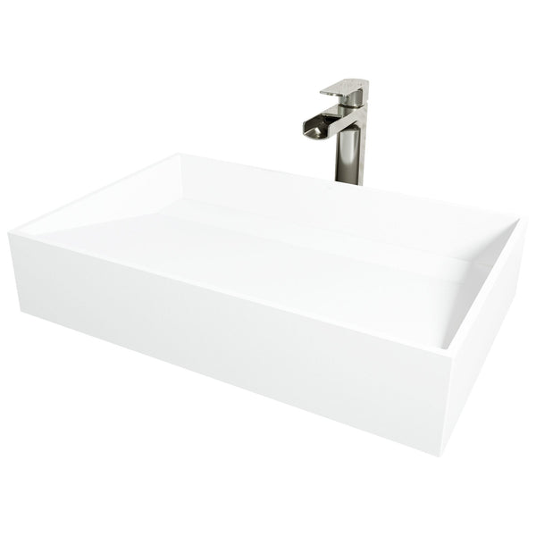 Starr Glass White Bathroom Sink/Basin Set with Amada Faucet and Rectangular Composite Vessel Q9793