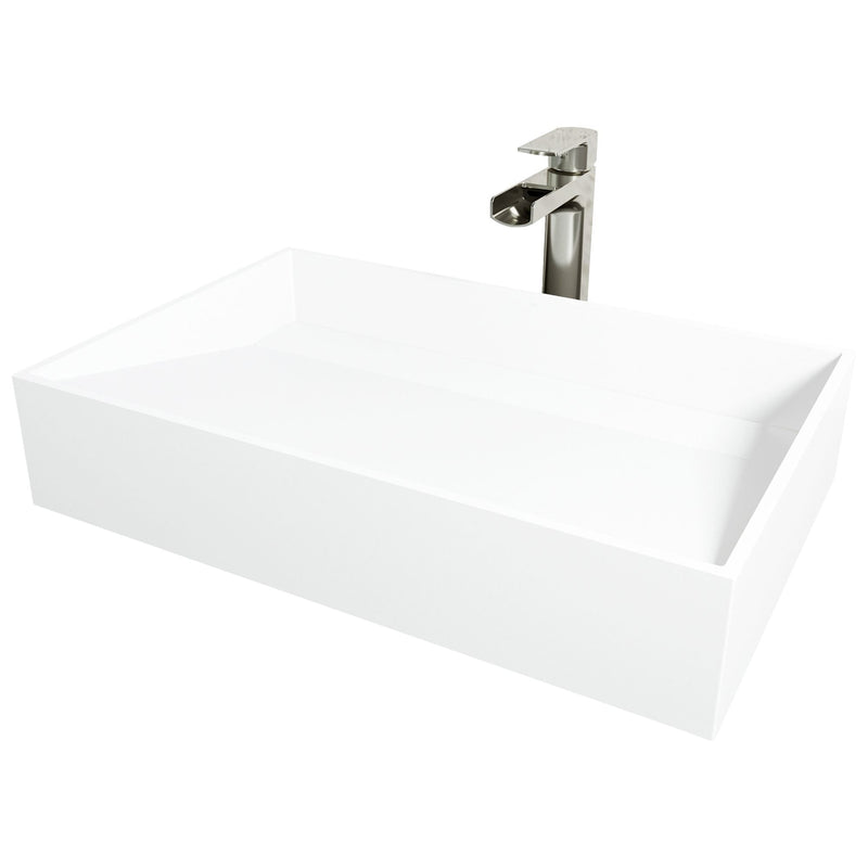 Starr Glass White Bathroom Sink/Basin Set with Amada Faucet and Rectangular Composite Vessel Q9793