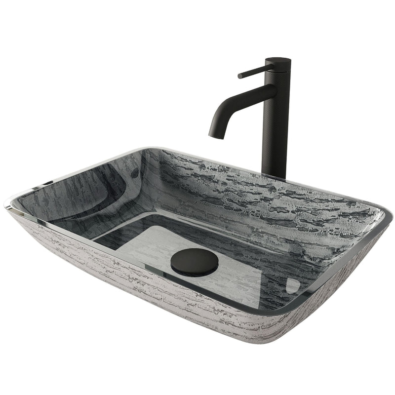 Titanium Glass Slate Grey Bathroom Sink/Basin Set with Lexington Faucet and Rectangular Vessel W1019