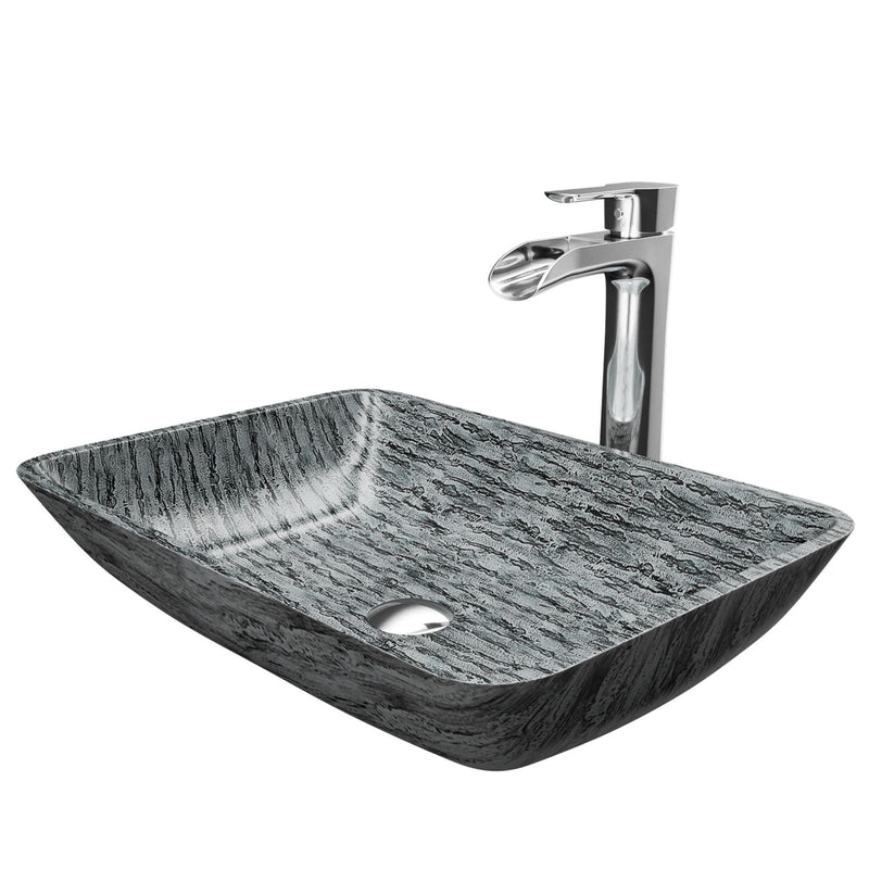 Titanium Glass Slate Grey Bathroom Sink/Basin Set with Niko Faucet and Rectangular Vessel W9074